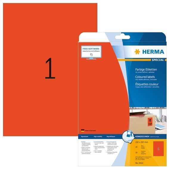 HERMA 4422 Farbige Etiketten A4 210x297 mm rot ablösbar Papier matt 20 Stück