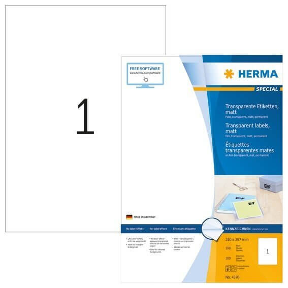 HERMA 4376 Etiketten transparent matt A4 210x297 mm Folie 100 Stück