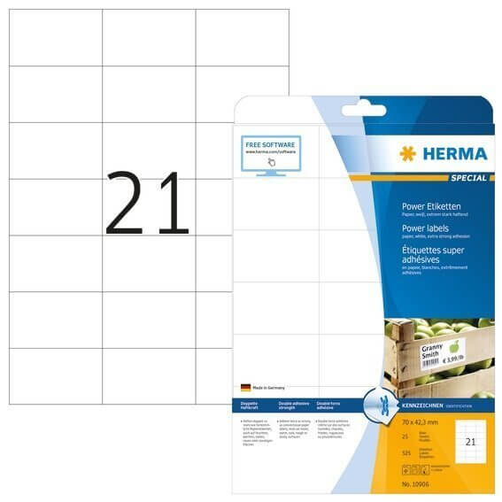 HERMA 10906 Etiketten A4 70x423 mm weiß extrem stark haftend Papier matt 525 Stück