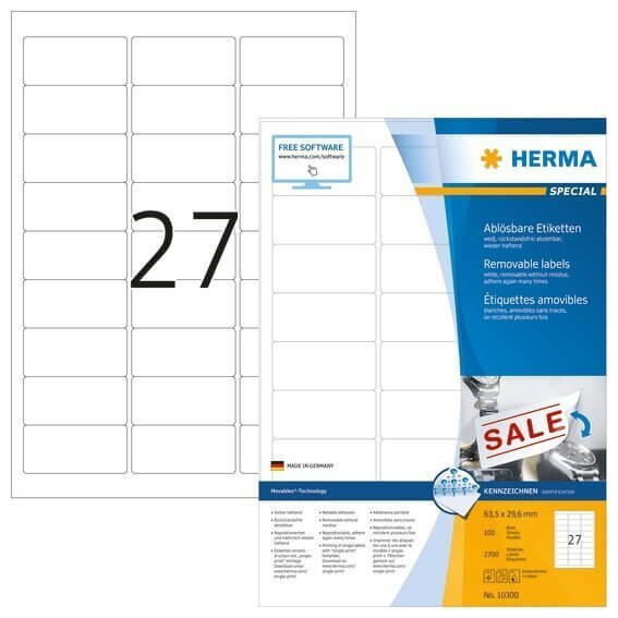 HERMA 10300 Ablösbare Etiketten A4 635x296 mm weiß Movables/ablösbar Papier matt 2700 Stück