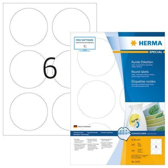 HERMA 4478 Ablösbare Etiketten A4 Ø 85 mm rund weiß Movables/ablösbar Papier matt 600 Stück