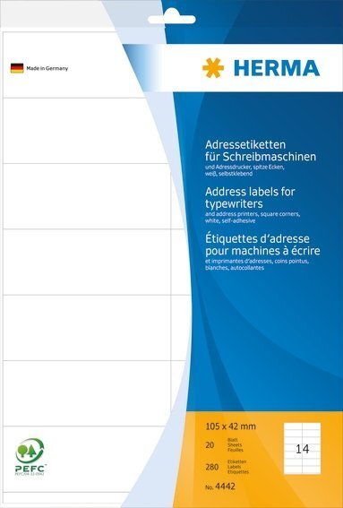 HERMA 4442 Adressetiketten für Schreibmaschinen A4 105x42 mm Papier matt Ecken spitz 280 Stück