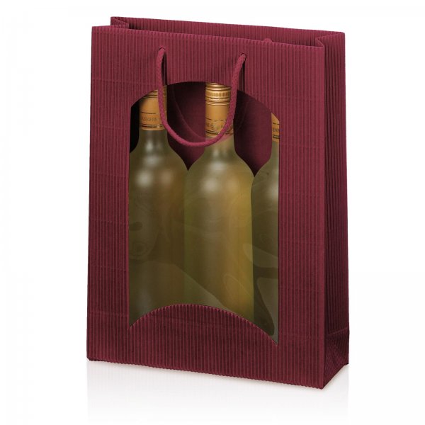 Tragetasche Geschenktüte für 3 Flaschen 250x85x360 mm offene Welle Fenster Bordeaux
