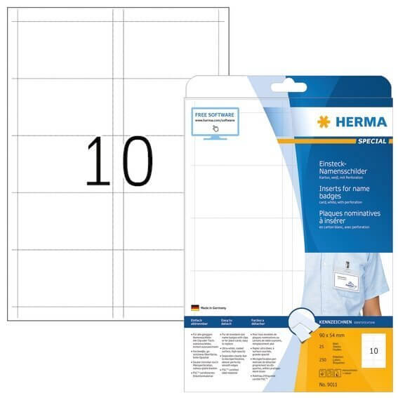 HERMA 9011 Namens-Einsteckschilder A4 90x54 mm weiß Karton nicht klebend 250 Stück