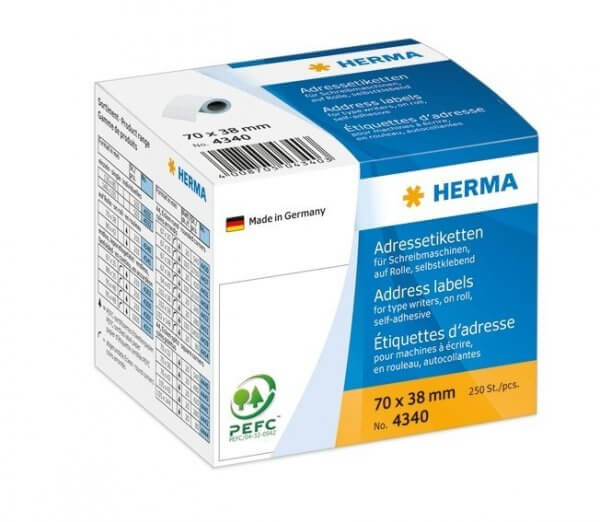 HERMA 4340 Adressetiketten für Schreibmaschinen auf Rollen 70x38 mm weiß Papier matt 250 Stück