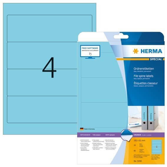 HERMA 5098 Ordneretiketten A4 192x61 mm blau Papier matt blickdicht 80 Stück