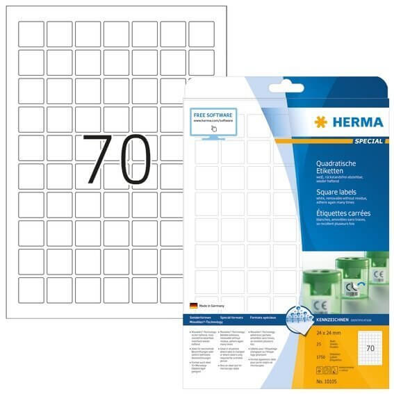 HERMA 10105 Ablösbare Etiketten A4 24x24 mm weiß quadratisch Movables/ablösbar Papier matt 1750 Stüc