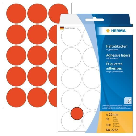 HERMA 2272 Vielzwecketiketten/Farbpunkte Ø 32 mm rund Papier matt Handbeschriftung 480 Stück Rot