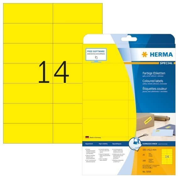 HERMA 5058 Farbige Etiketten A4 105x423 mm gelb ablösbar Papier matt 280 Stück