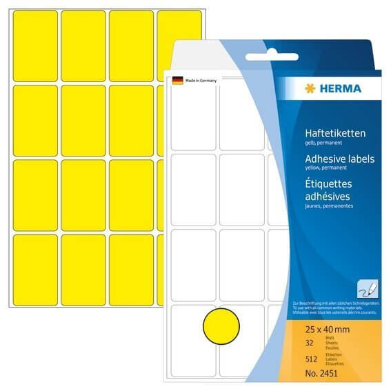 HERMA 2451 Vielzwecketiketten 25 x 40 mm Papier matt Handbeschriftung 512 Stück Gelb