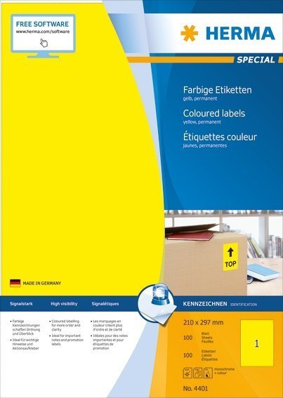Herma 4401 Étiquettes 210 x 297 A4 100 pièces Jaune 