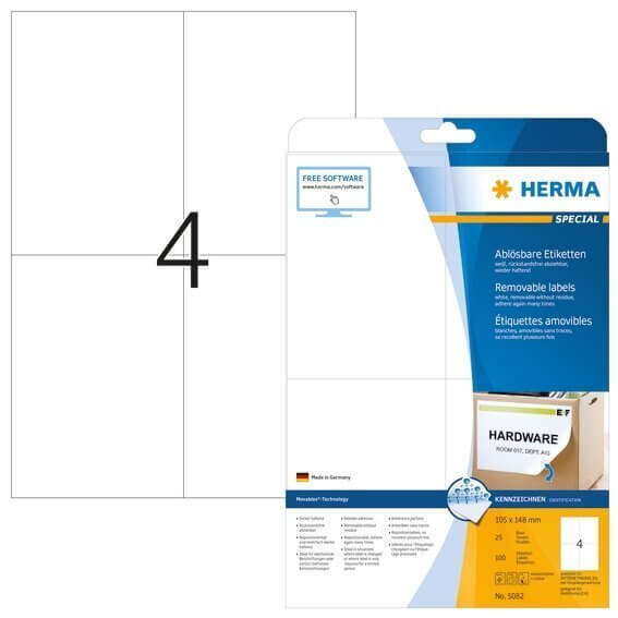 HERMA 5082 Ablösbare Etiketten A4 105x148 mm weiß Movables/ablösbar Papier matt 100 Stück