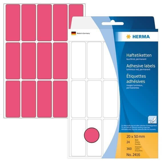 HERMA 2416 Vielzwecketiketten 20 x 50 mm Papier matt Handbeschriftung 360 Stück Leuchtrot