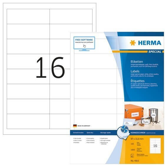 HERMA 4815 Inkjet-Etiketten A4 97x338 mm weiß Papier matt 1600 Stück
