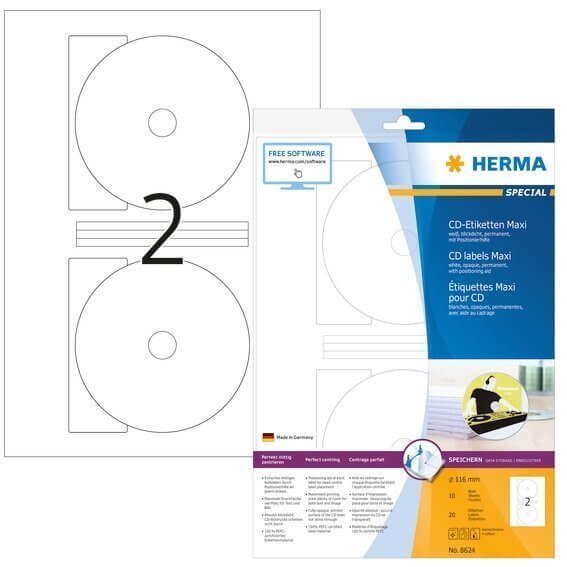HERMA 8624 CD-Etiketten Maxi A4 Ø 116 mm weiß Papier matt blickdicht 20 Stück