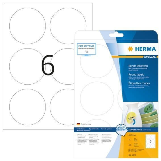 HERMA 5068 Ablösbare Etiketten A4 Ø 85 mm rund weiß Movables/ablösbar Papier matt 150 Stück