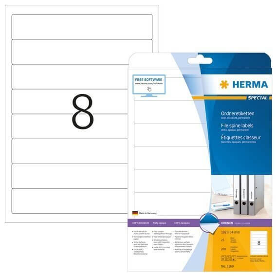 HERMA 5160 Ordneretiketten A4 192x34 mm weiß Papier matt blickdicht 200 Stück