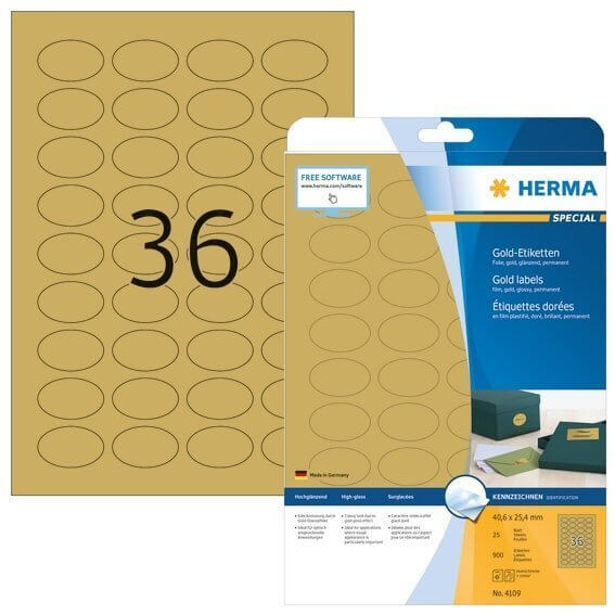 HERMA 4109 Etiketten A4 40,6x25,4 mm gold oval Folie glänzend 900 Stück