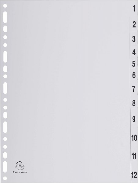 Register DIN A4 PP 12-teilig 1-12 Zahlen Grau