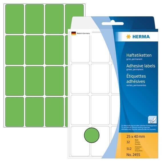 HERMA 2455 Vielzwecketiketten 25 x 40 mm Papier matt Handbeschriftung 512 Stück Grün