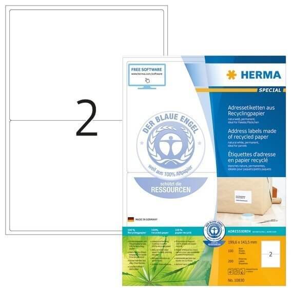 HERMA 10830 Adressetiketten A4 1996x1435 mm weiß Recyclingpapier matt Blauer Engel 200 Stück