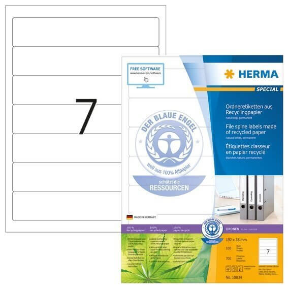 HERMA 10834 Ordneretiketten A4 192x38 mm weiß Recyclingpapier matt Blauer Engel 700 Stück