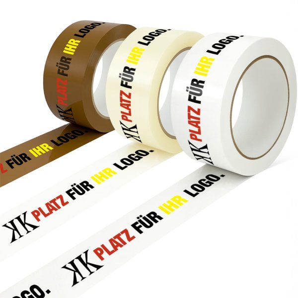 Bedruckbares PVC-Klebeband 1-3-farbig – leise abrollend, in weiß, braun & transparent