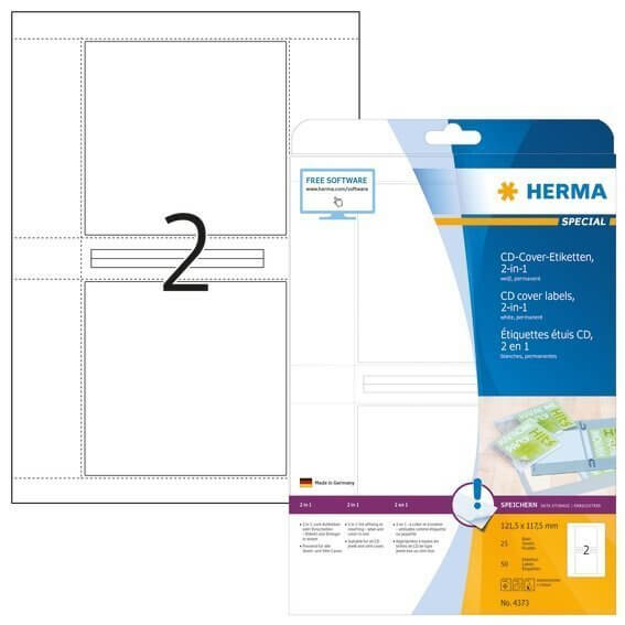 HERMA 4373 CD-Cover-Etiketten A4 1215x1175 mm weiß Papier matt 50 Stück